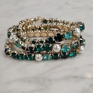Set of 3 Stretch Green Crystal And Pearl Bracelets
